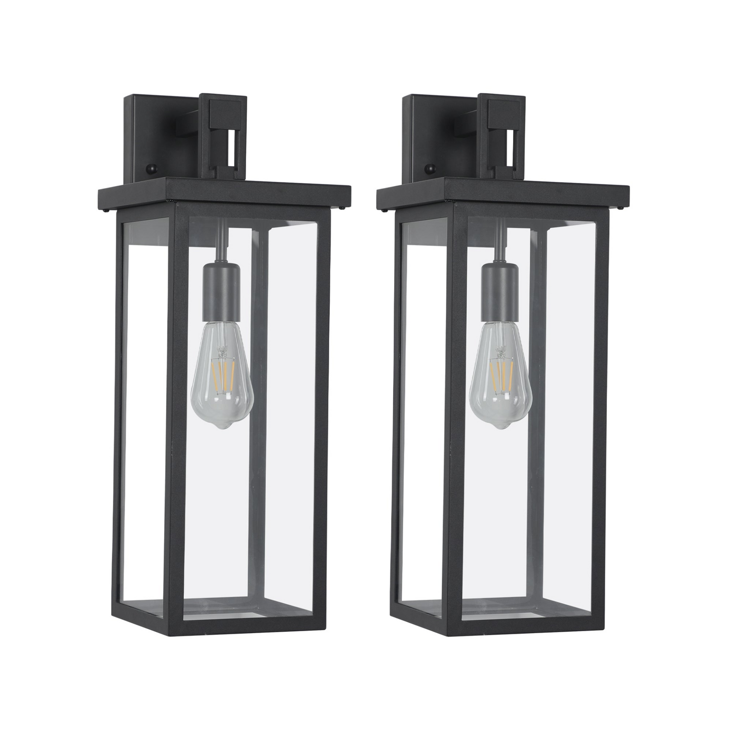 Set of 2 Modern Outdoor Wall Lanterns with Black Metal Frame and Clear Glass, Weatherproof Wall Sconces for Porch, Garage, or Entryway Lighting, E26 Bulb Compatible