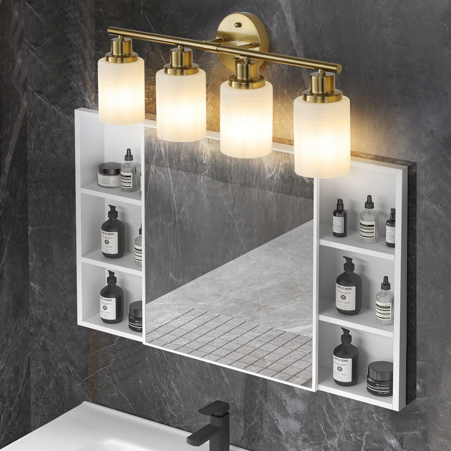 4-Light Golden Bathroom Vanity Light Fixture, Frosted Glass Shades, Modern Wall Mounted Lighting (No Bulbs)