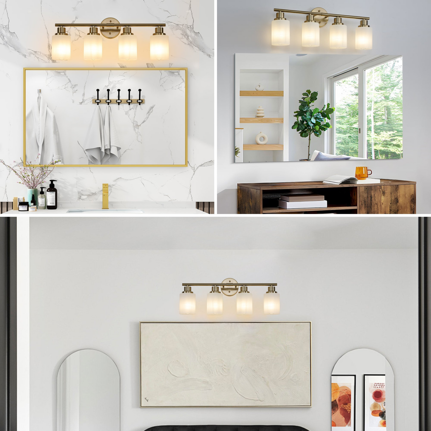 4-Light Golden Bathroom Vanity Light Fixture, Frosted Glass Shades, Modern Wall Mounted Lighting (No Bulbs)