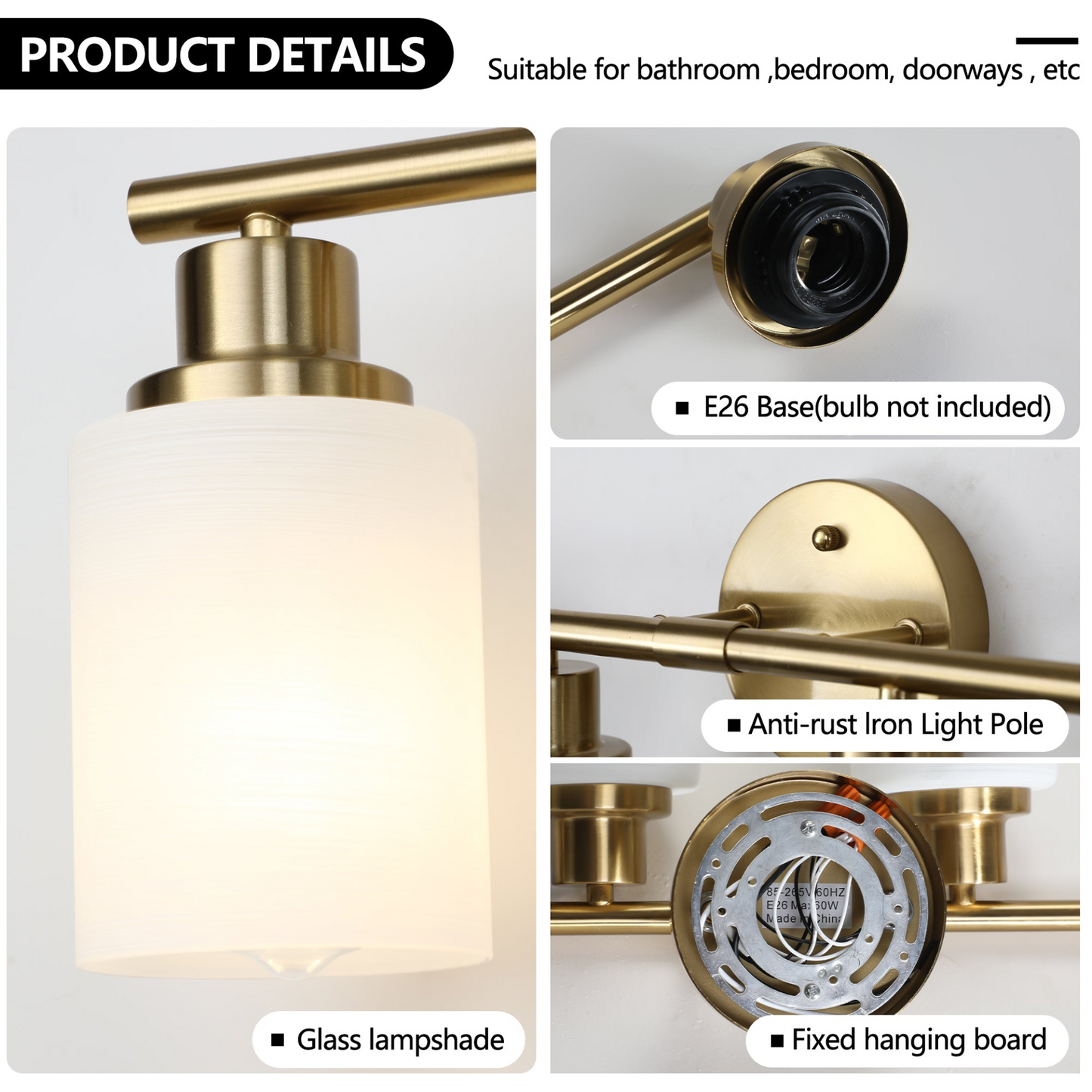4-Light Golden Bathroom Vanity Light Fixture, Frosted Glass Shades, Modern Wall Mounted Lighting (No Bulbs)