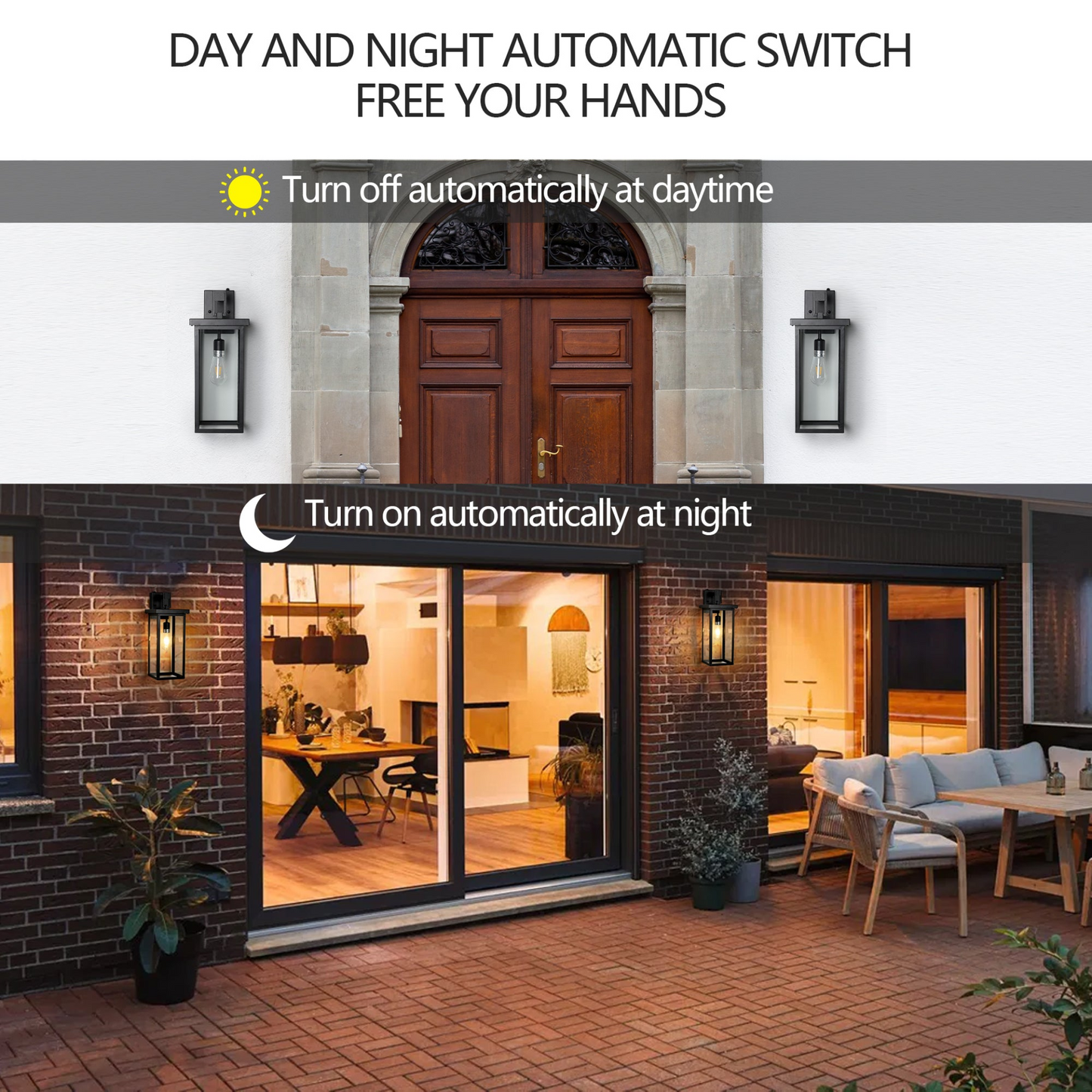 Set of 2 Modern Outdoor Wall Lanterns with Black Metal Frame and Clear Glass, Ambient light sensors,Weatherproof Wall Sconces for Porch, Garage, or Entryway Lighting, E26 Bulb Compatible
