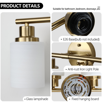 5-Light Golden Bathroom Vanity Light Fixture, Frosted Glass Shades, Modern Wall Mounted Lighting (No Bulbs)