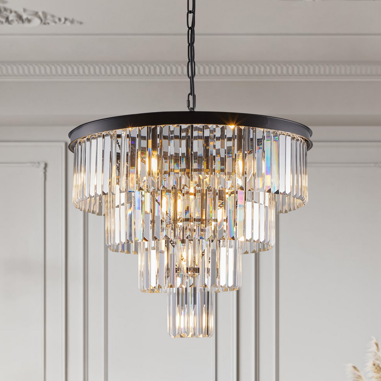 Contemporary Crystal Modern Chandeliers Crystal Ceiling Chandelier 4 Tier Black Chandelier Lighting for Dining Room Living Room Bedroom (Bulbs Not included)