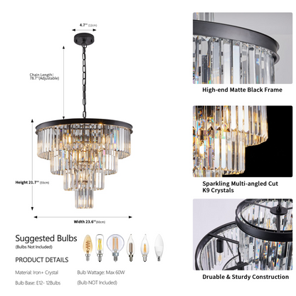 Contemporary Crystal Modern Chandeliers Crystal Ceiling Chandelier 4 Tier Black Chandelier Lighting for Dining Room Living Room Bedroom (Bulbs Not included)