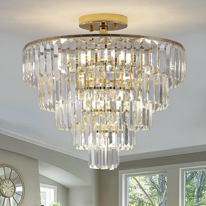 (Same as W1340102252/L5001) Gold Crystal Chandeliers,5-Tier Round Semi Flush Mount Chandelier Light Fixture,Large Contemporary Luxury Ceiling Lighting for Living Room Dining Room Bedroom Hallway