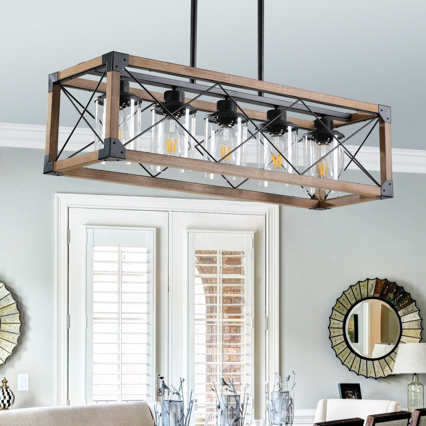 (Same as W1340P155967/L1011-G) 5-Light Retro Farmhouse Chandelier For Kitchen, Living room, Dining room Walnut(No Bulbs)