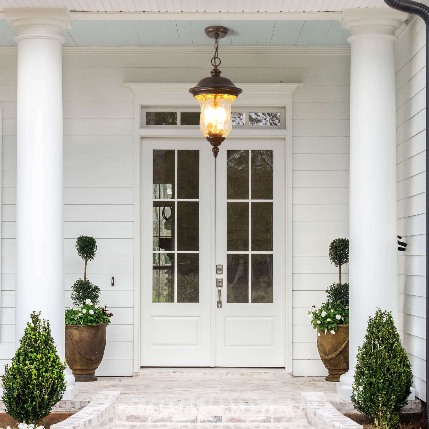 Rustic Outdoor Hanging Lantern, Weatherproof Vintage Pendant Light with Clear Glass Shade, Waterproof Exterior Lighting Fixture for Porch, Patio, or Garden (One piece&No bulb)