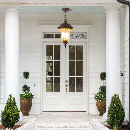 Rustic Outdoor Hanging Lantern, Weatherproof Vintage Pendant Light with Clear Glass Shade, Waterproof Exterior Lighting Fixture for Porch, Patio, or Garden (One piece&No bulb)