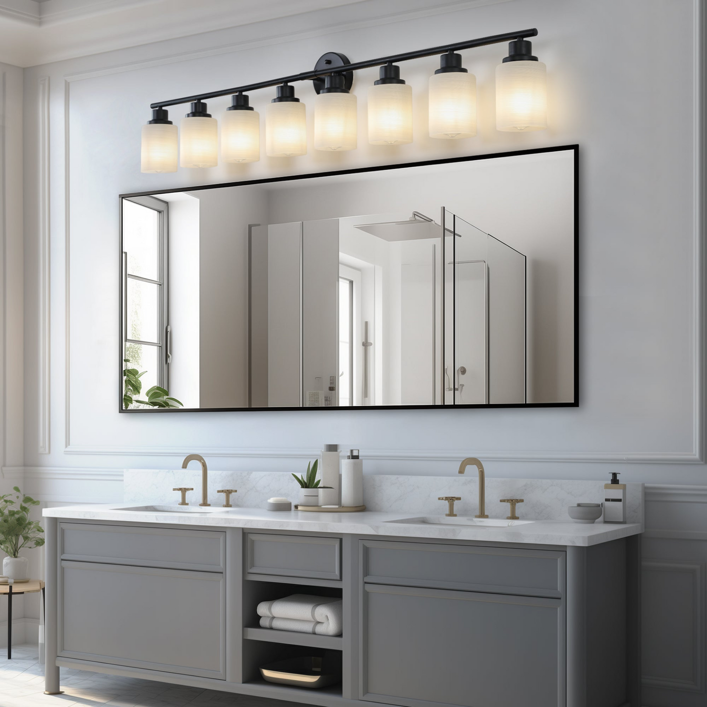 Modern 8-Light Vanity Bathroom Mirror Light, Frosted White Glass with Black Iron Frame, Contemporary Wall Sconce for Bedroom, Bathroom, And Dressing Room (Bulb Not Included)