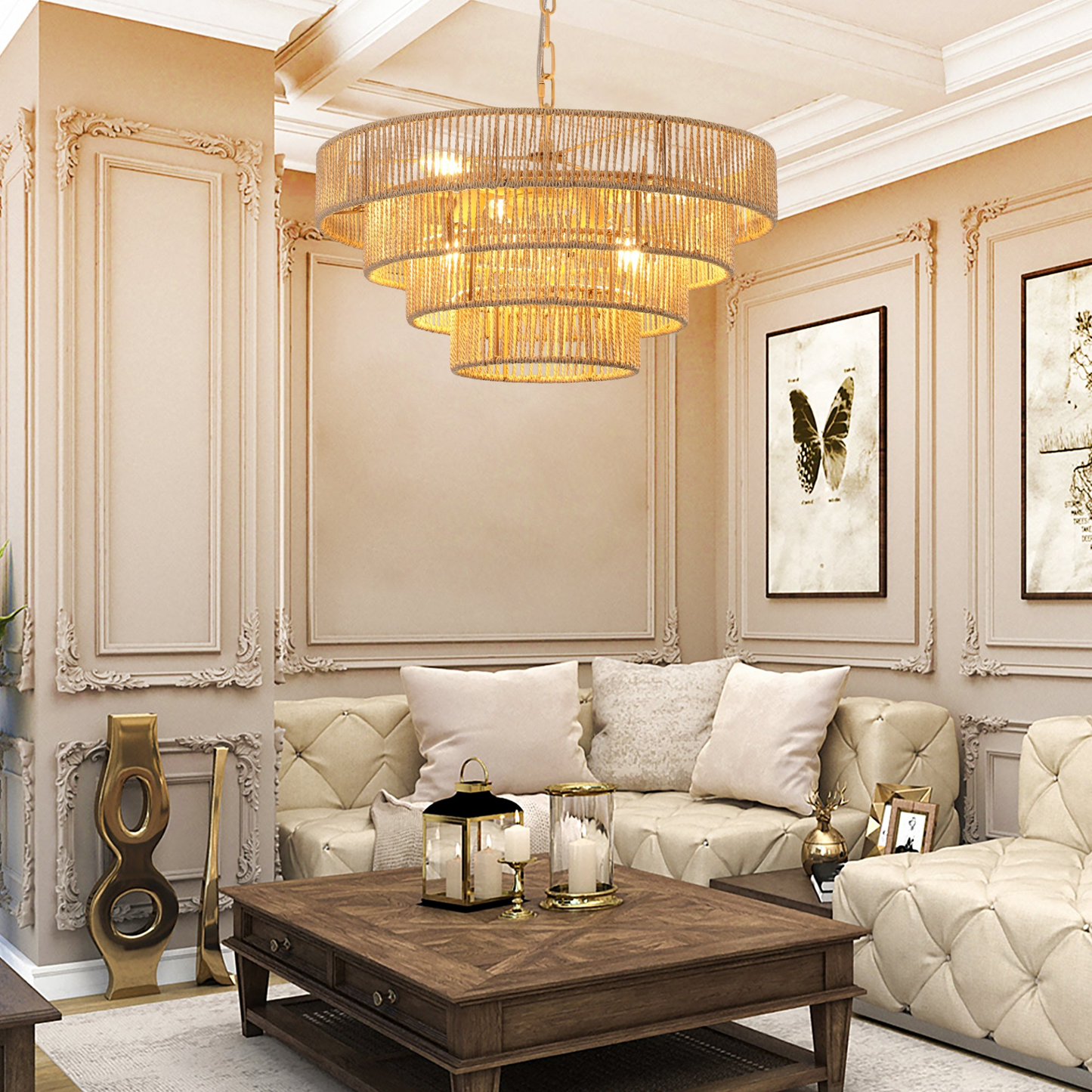 (Same as W1340P155976/L1019-4) Bohemian style Woven Pendant Light 19.7 Inch Rattan Ligh Large Rattan Pendant Light with 4-Tier Rattan Chandelier--Wood