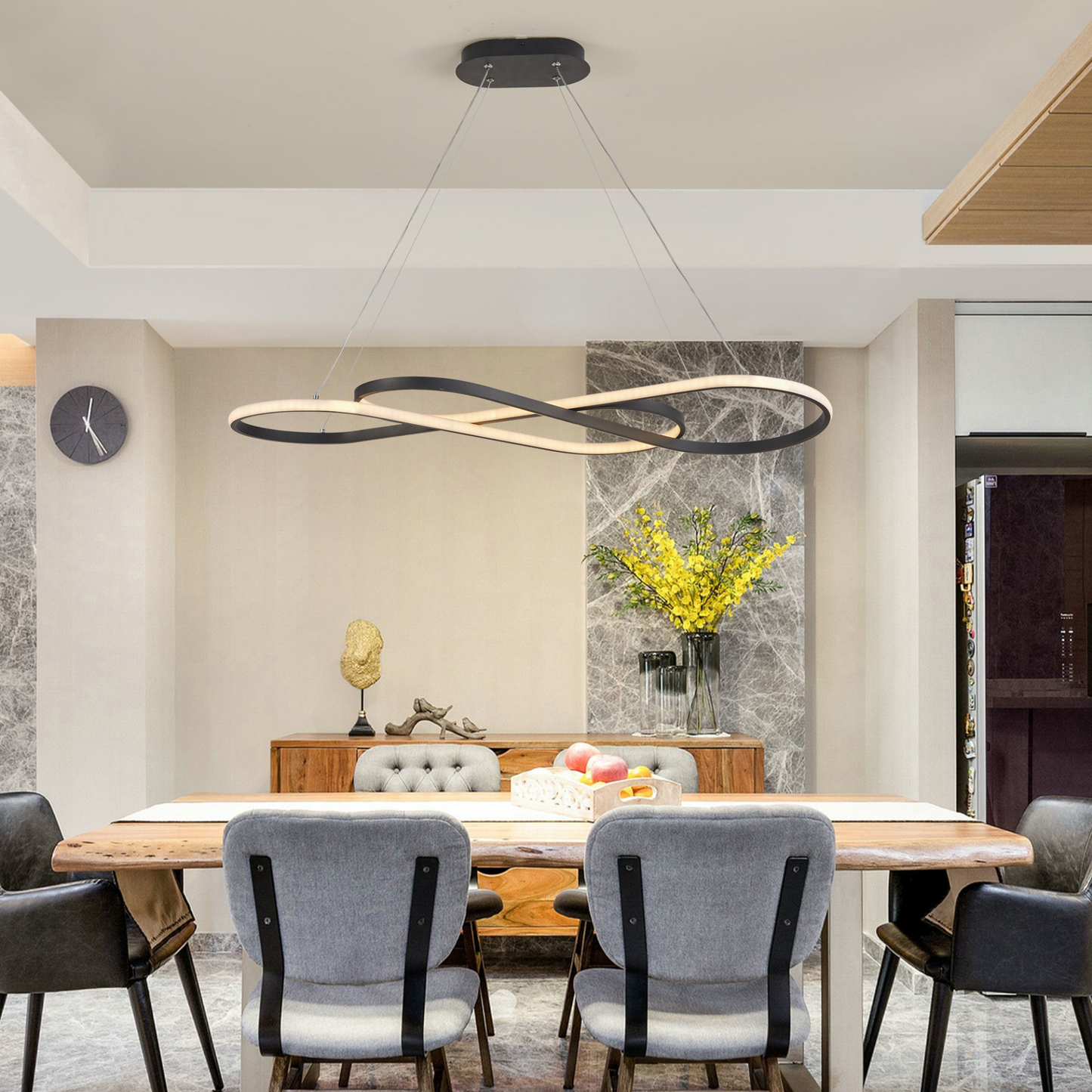 Modern LED Pendant Light, Infinity Design Hanging Ceiling Fixture, Adjustable Height, Dimmable for Living Room, Dining Room, Bedroom, Black Finish