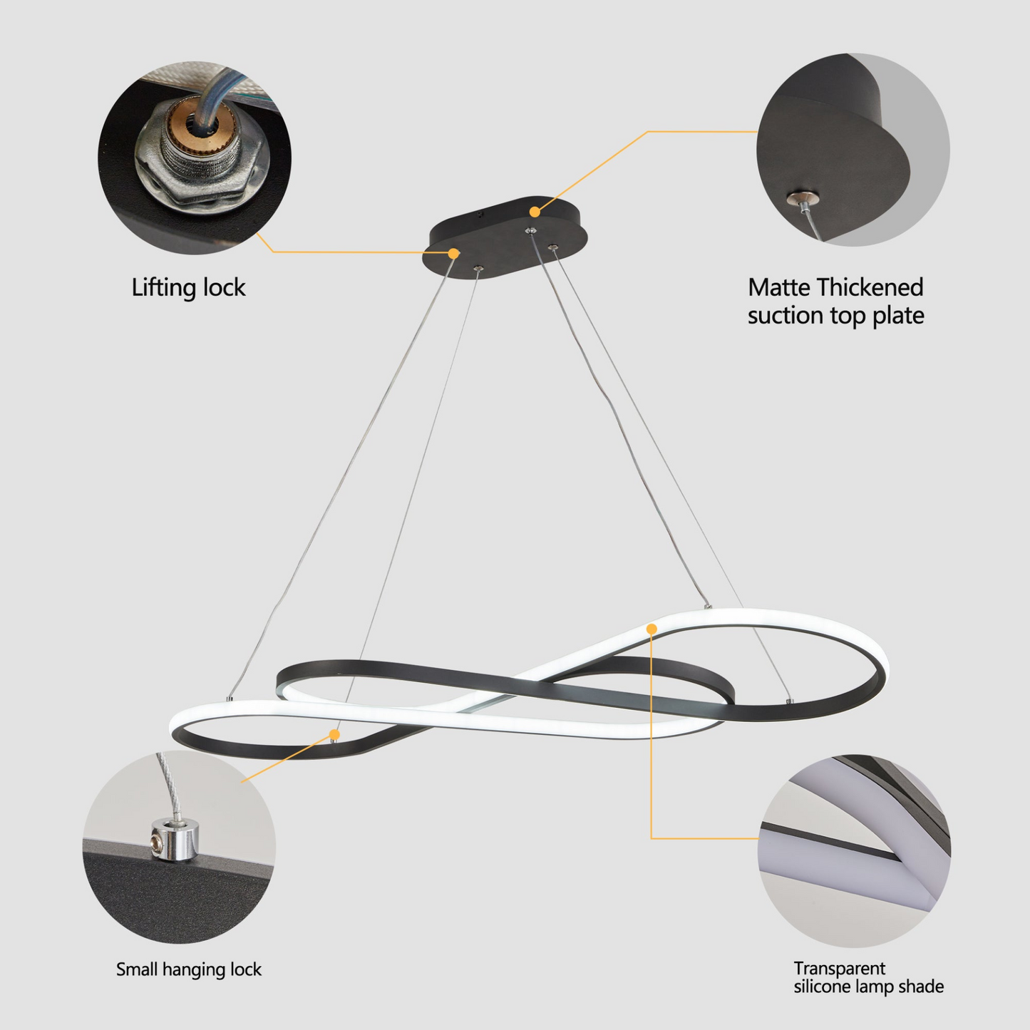 Modern LED Pendant Light, Infinity Design Hanging Ceiling Fixture, Adjustable Height, Dimmable for Living Room, Dining Room, Bedroom, Black Finish