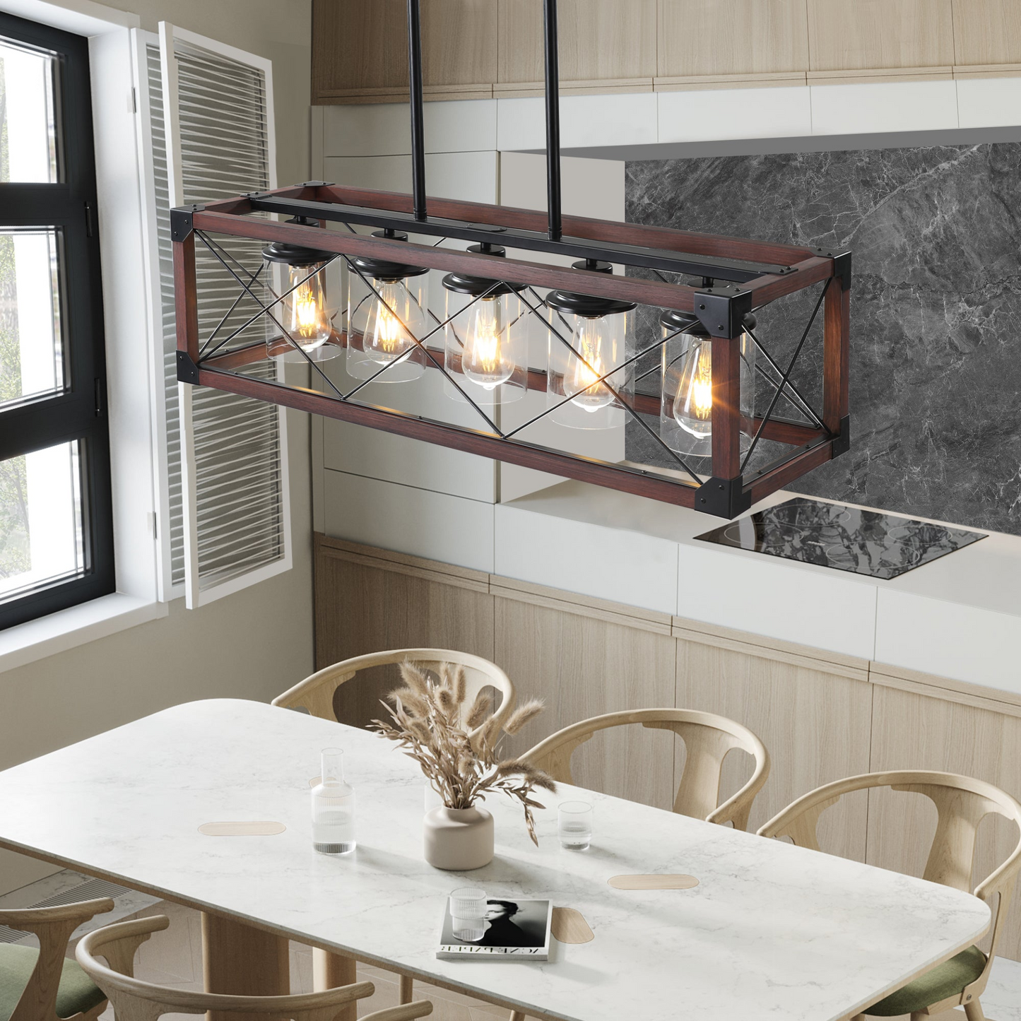 (Same as W1340P155971/L1011-RW-G) 5-Light Retro Farmhouse Chandelier For Kitchen, Living room, Dining room Red and Black(No Bulbs)