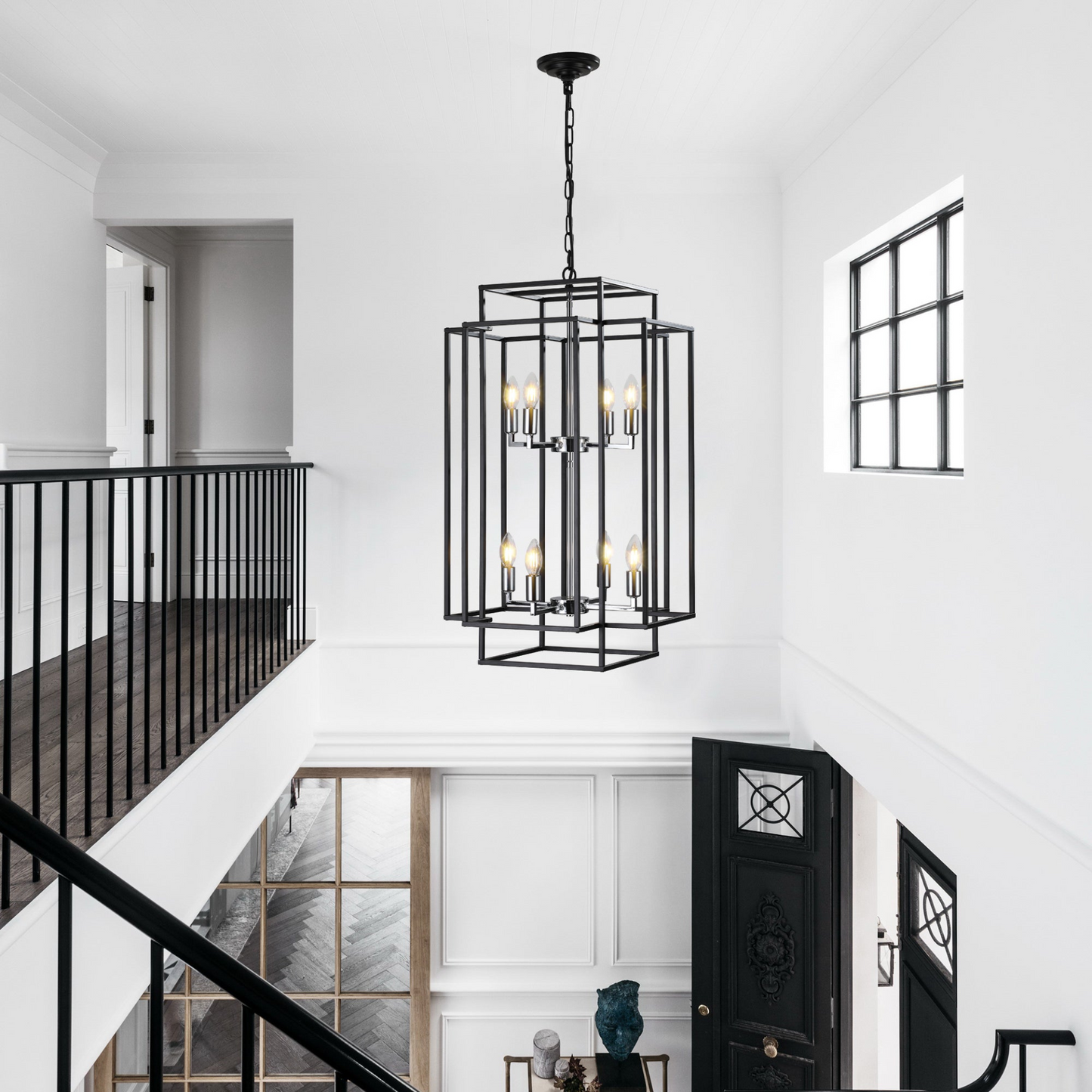 (Same as W1340142525/L1018-C) 8-Lights Lantern Tiered Pendant Light Fixtures, Industrial Farmhouse Hanging Chandelier for Entryway, Foyer, Living Room, Kitchen Island, Staircase(Black & Silver)
