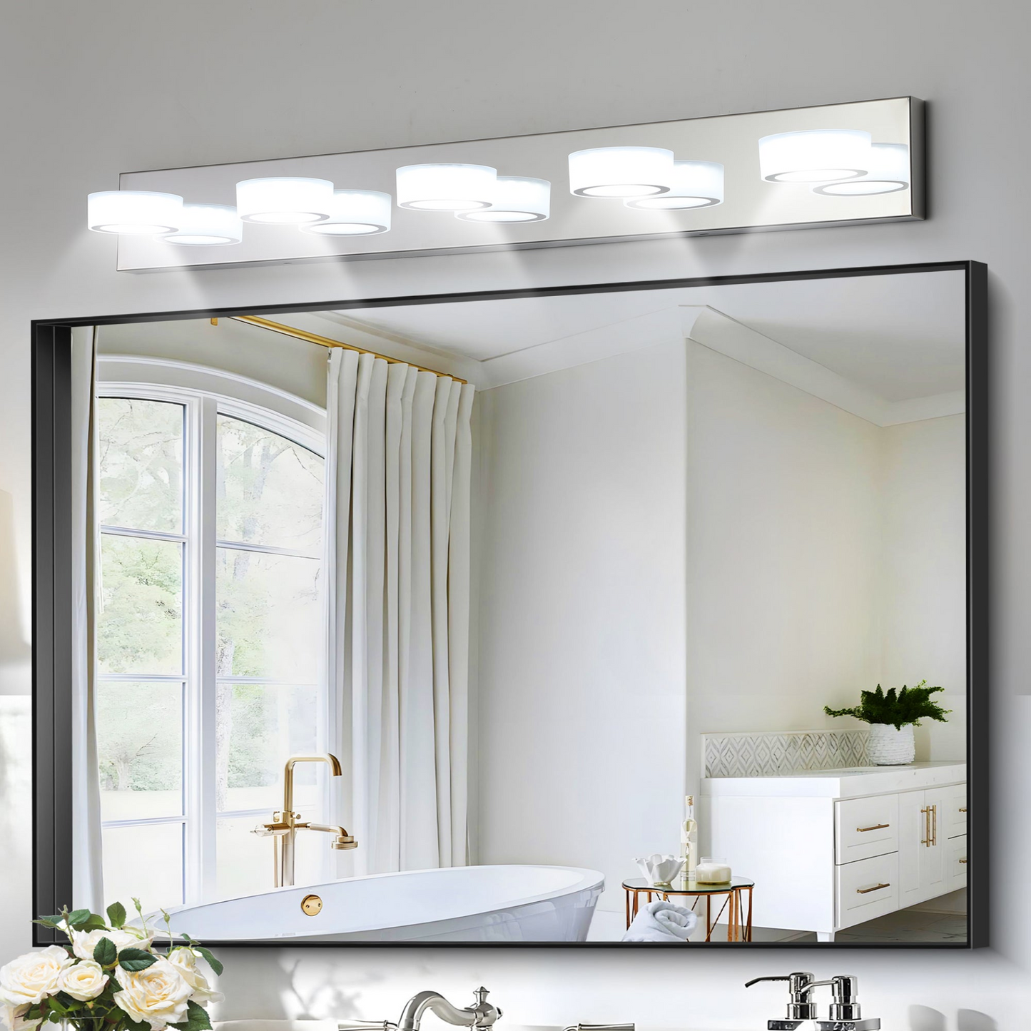 Modern 5-Light LED Vanity Light Fixture - Chrome Finish with Acrylic Light Shades - Energy-Efficient Bathroom Wall Sconce - Dimmable, 37-Inch Length