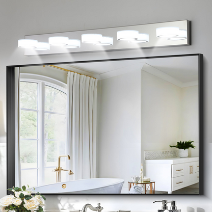 Modern 5-Light LED Vanity Light Fixture - Chrome Finish with Acrylic Light Shades - Energy-Efficient Bathroom Wall Sconce - Dimmable, 37-Inch Length