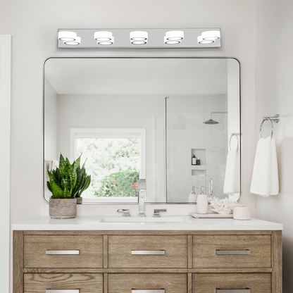 Modern 5-Light LED Vanity Light Fixture - Chrome Finish with Acrylic Light Shades - Energy-Efficient Bathroom Wall Sconce - Dimmable, 37-Inch Length