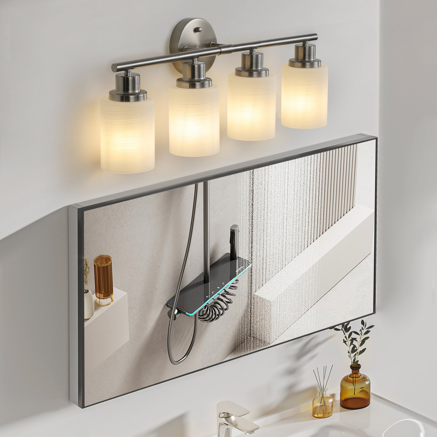 Modern 4-Light Vanity Wall Sconce, Brushed Nickel Finish with Frosted Glass Shades for Bathroom or Hallway Lighting (No Bulbs)