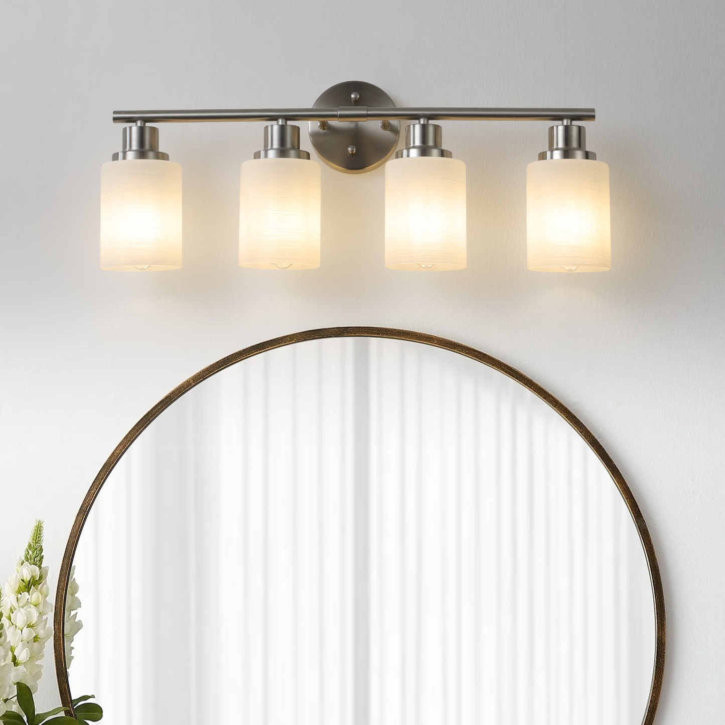 Modern 4-Light Vanity Wall Sconce, Brushed Nickel Finish with Frosted Glass Shades for Bathroom or Hallway Lighting (No Bulbs)