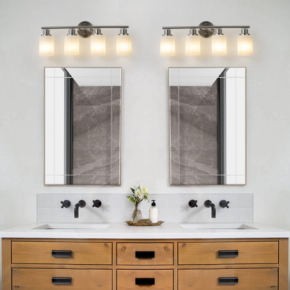 Modern 4-Light Vanity Wall Sconce, Brushed Nickel Finish with Frosted Glass Shades for Bathroom or Hallway Lighting (No Bulbs)