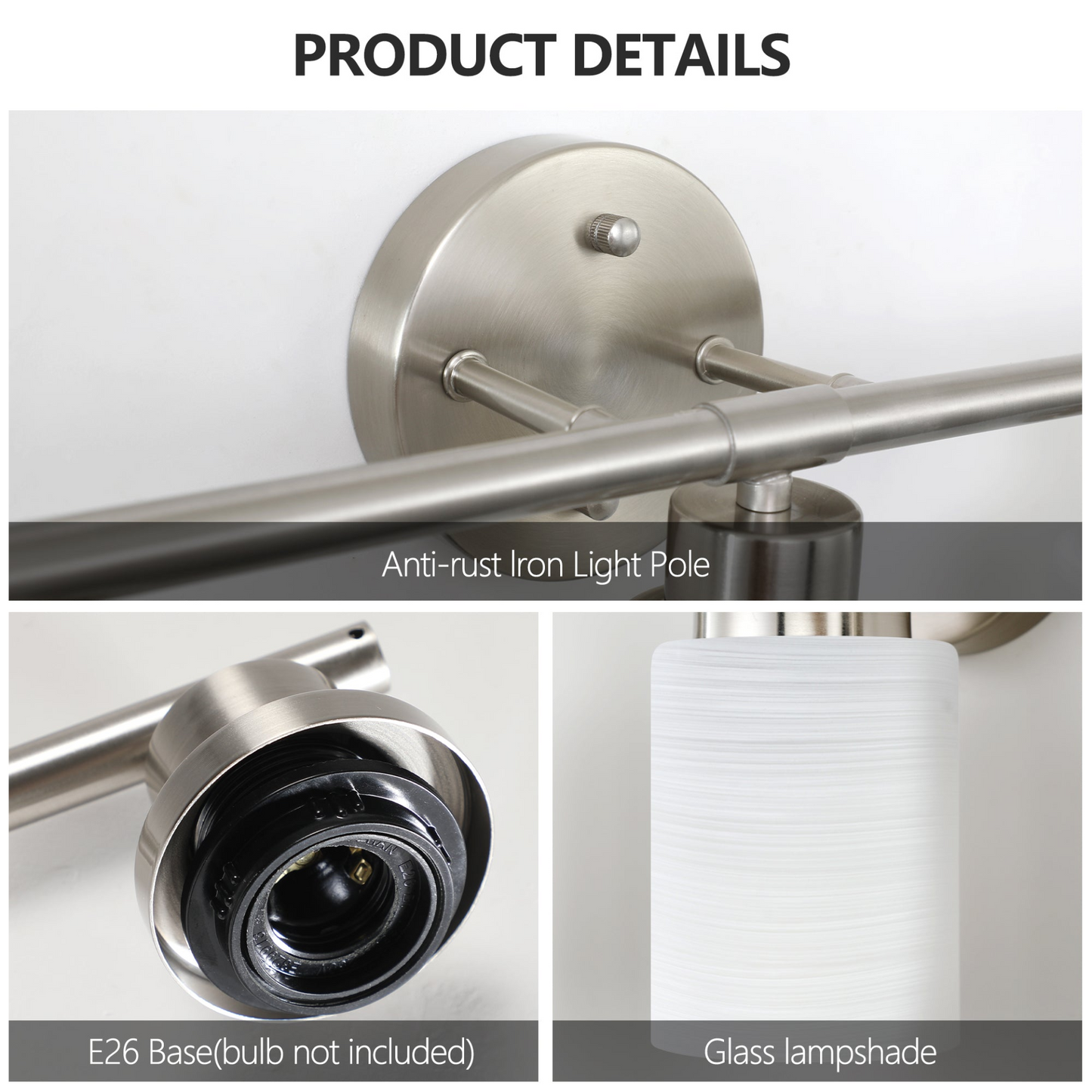 Modern 4-Light Vanity Wall Sconce, Brushed Nickel Finish with Frosted Glass Shades for Bathroom or Hallway Lighting (No Bulbs)