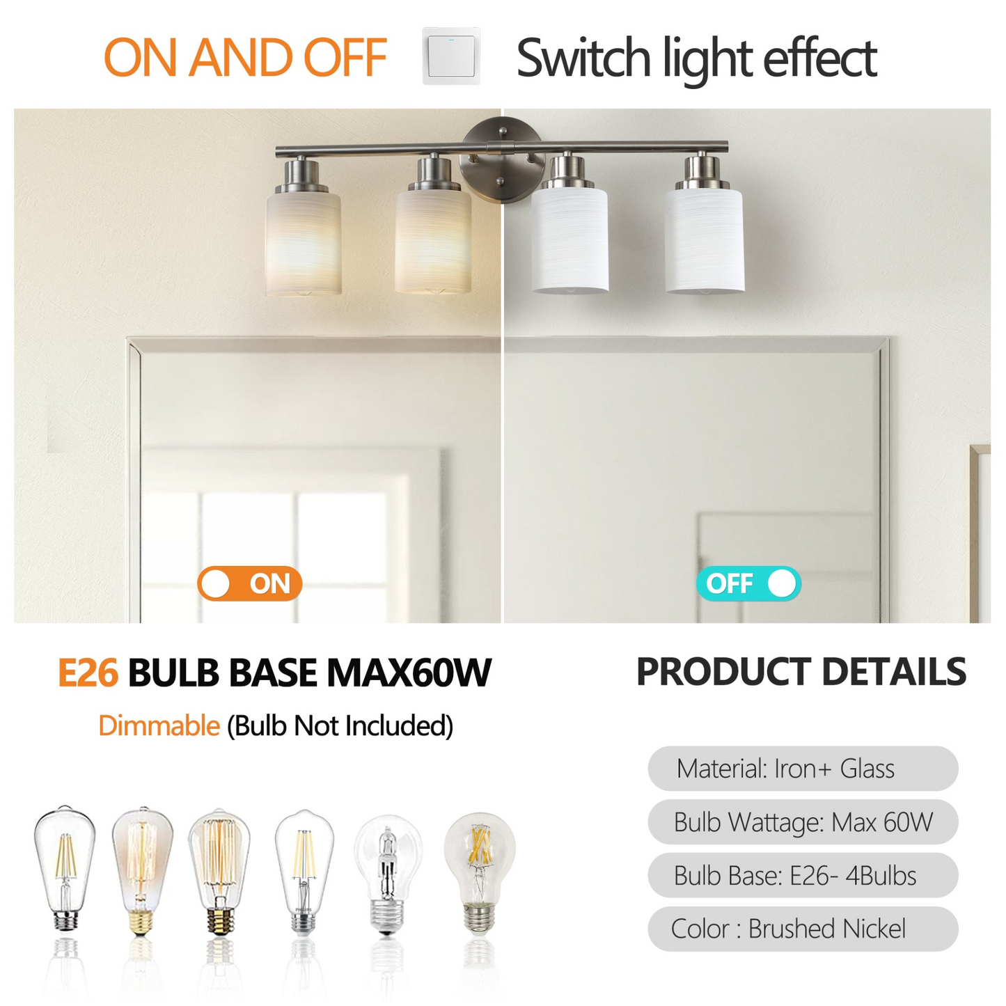 Modern 4-Light Vanity Wall Sconce, Brushed Nickel Finish with Frosted Glass Shades for Bathroom or Hallway Lighting (No Bulbs)