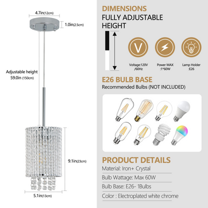 Modern Crystal Pendant Light 3-Pack Adjustable Chrome Hanging Ceiling Fixture with Clear Beads, Elegant Design for Kitchen Island, Dining Room, or Living Room (No Bulbs)
