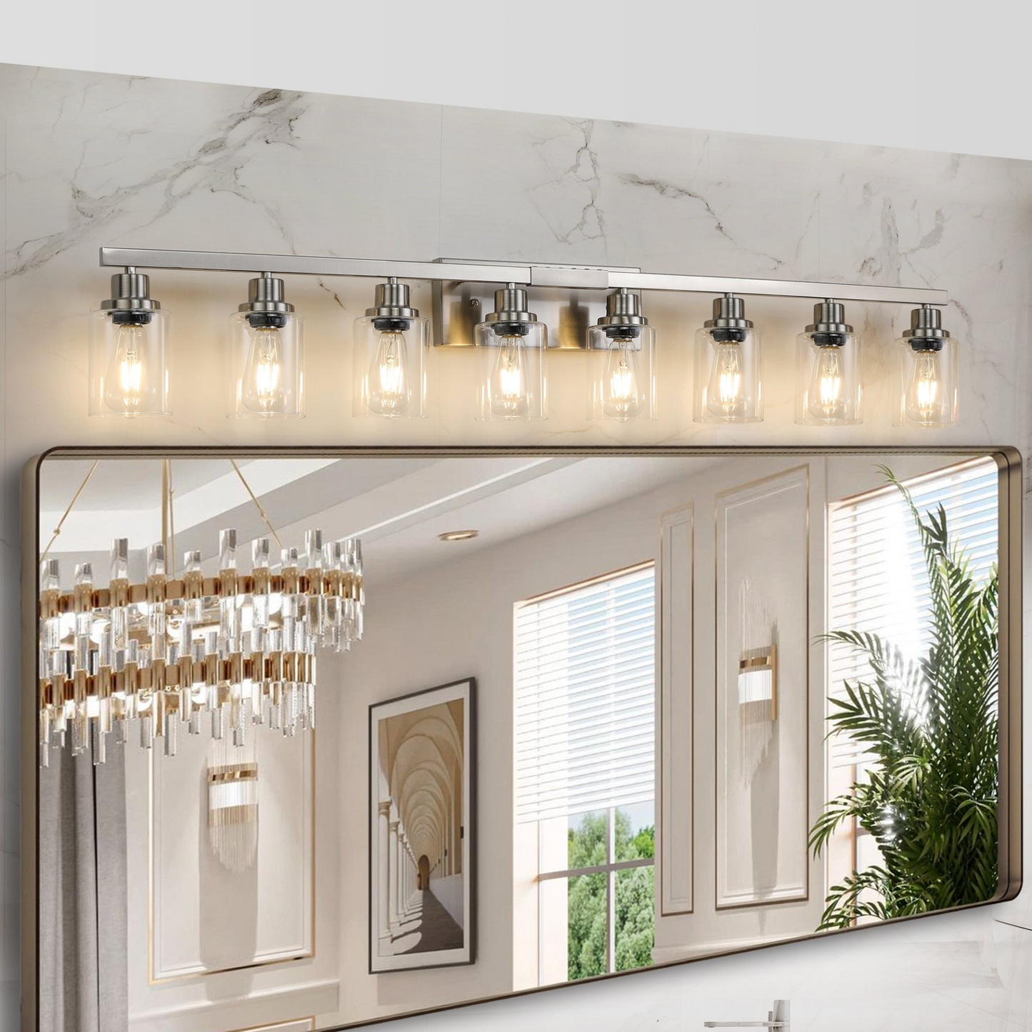 Modern 8-Light Bathroom Vanity Light Fixture - Brushed Nickel Finish with Clear Glass Shades, Perfect for Bathroom, Vanity, and Dressing Area Lighting (No Bulbs)