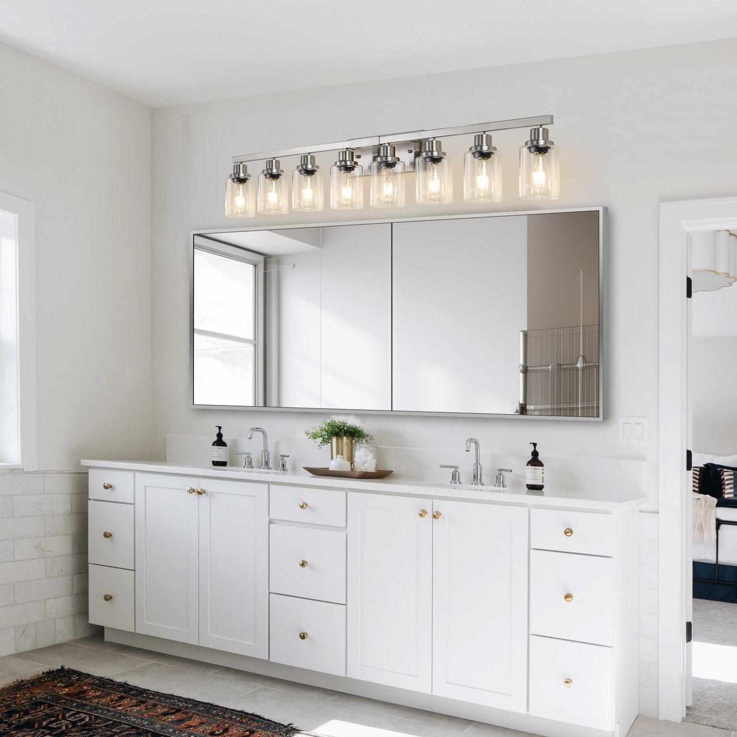 Modern 8-Light Bathroom Vanity Light Fixture - Brushed Nickel Finish with Clear Glass Shades, Perfect for Bathroom, Vanity, and Dressing Area Lighting (No Bulbs)