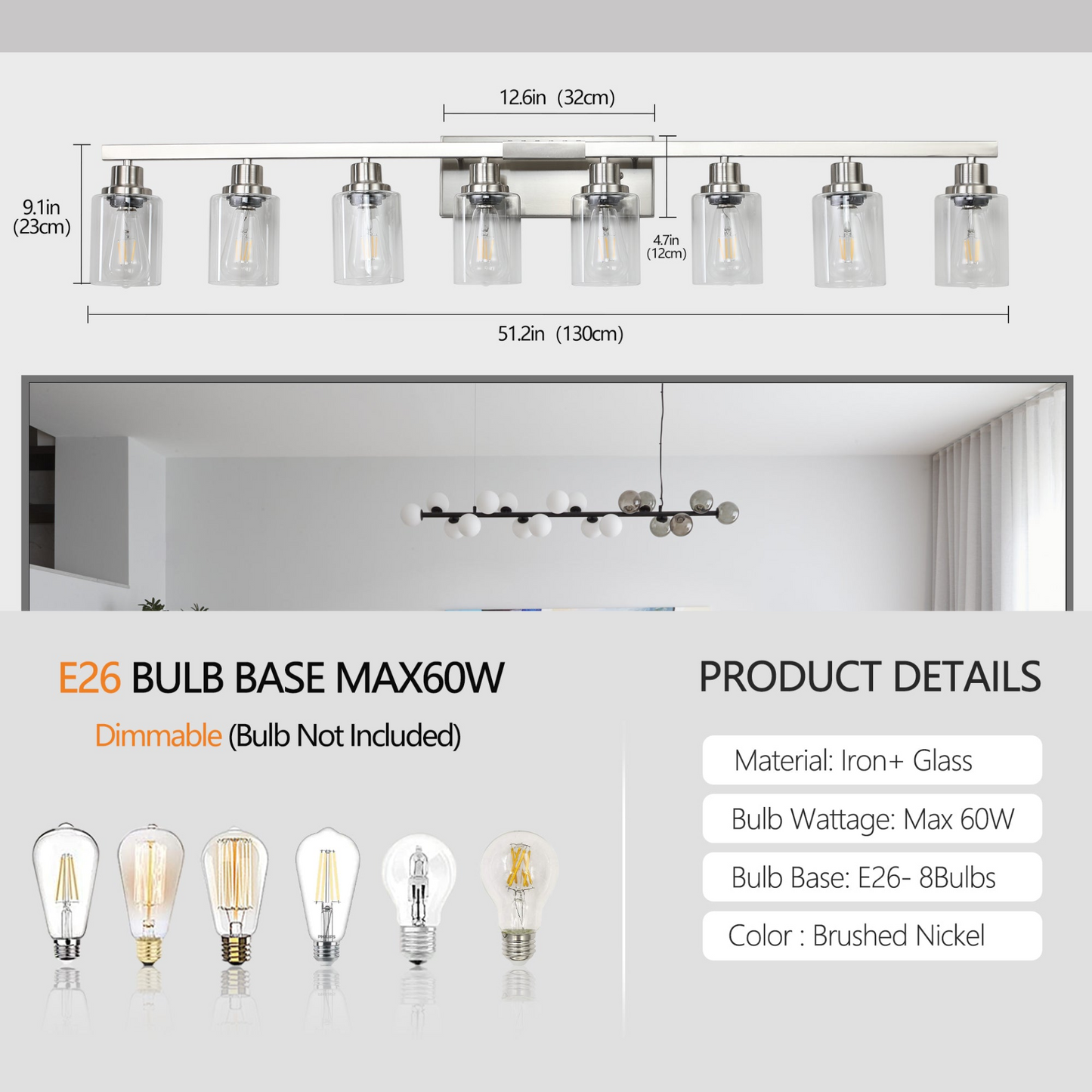 Modern 8-Light Bathroom Vanity Light Fixture - Brushed Nickel Finish with Clear Glass Shades, Perfect for Bathroom, Vanity, and Dressing Area Lighting (No Bulbs)