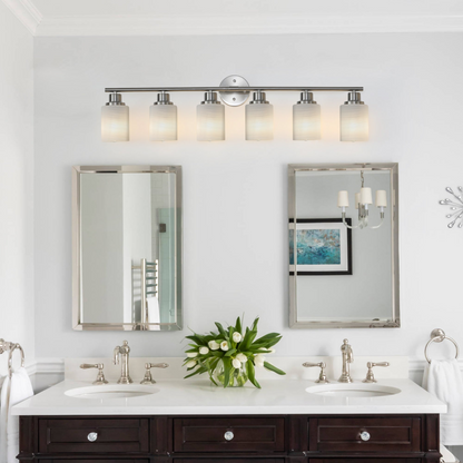 Modern 6-Light Vanity Wall Sconce, Brushed Nickel Finish with Frosted Glass Shades for Bathroom or Hallway Lighting (No Bulbs)