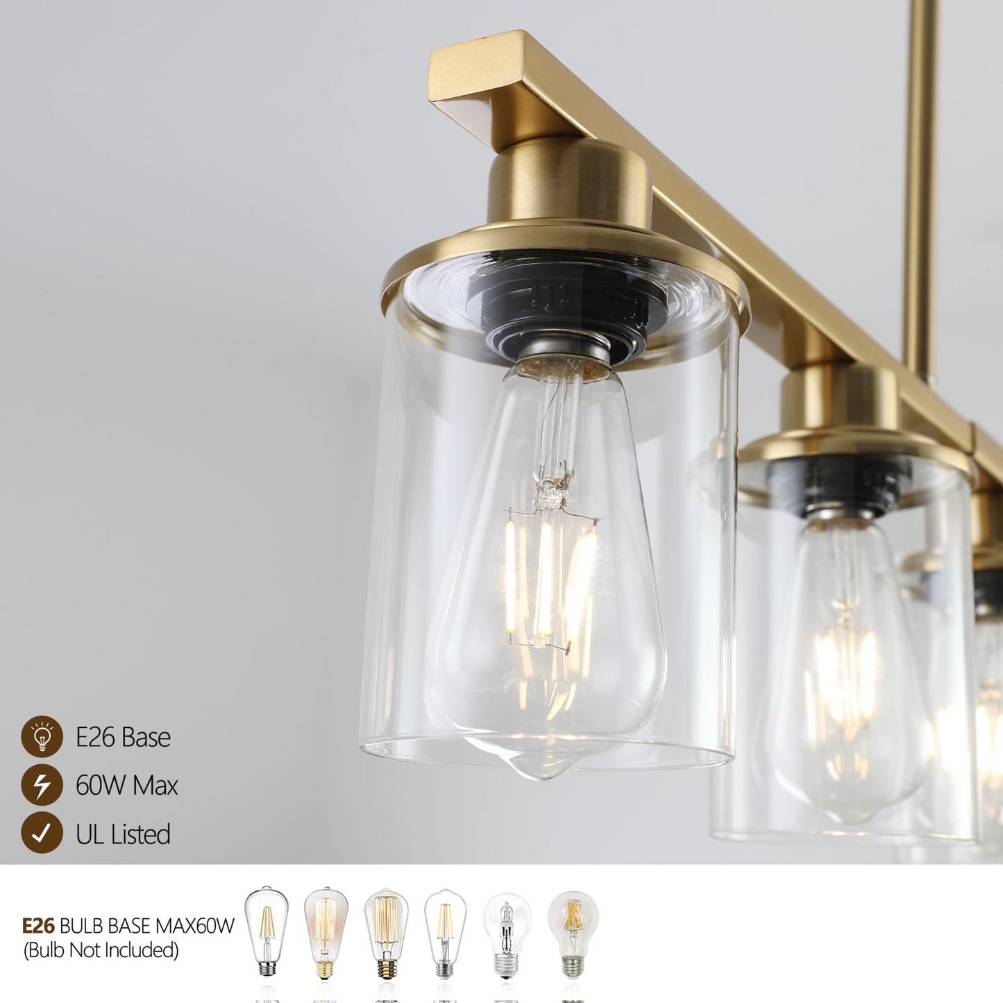 Modern Industrial 5-Light Chandelier with Clear Glass Shades, Golden Metal Frame Hanging Ceiling Light Fixture for Dining Room, Kitchen Island, Living Room (No Bulbs)