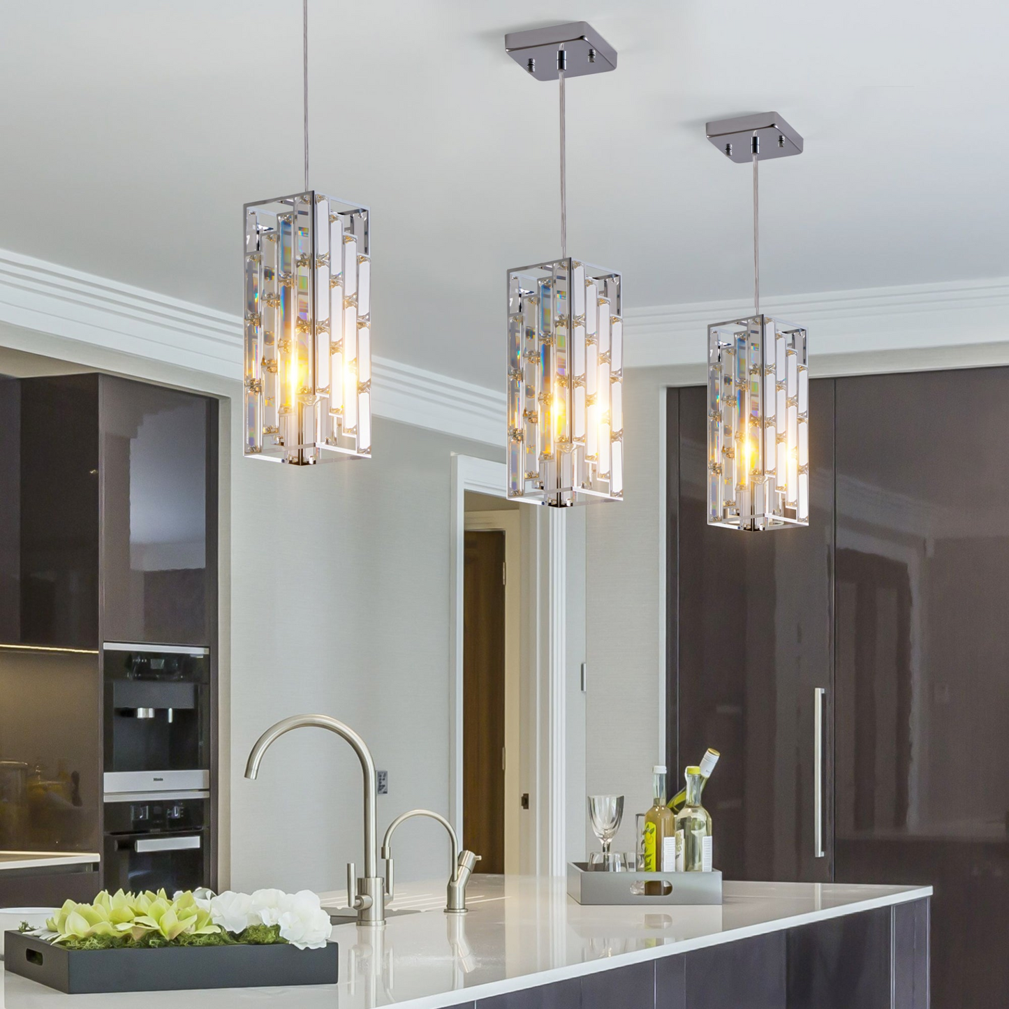 Modern Crystal Pendant Light - 3 Pack, Adjustable Hanging Ceiling Lamp with Crystal Prism Design for Dining Room, Kitchen Island, and Living Room -Chrome Finish