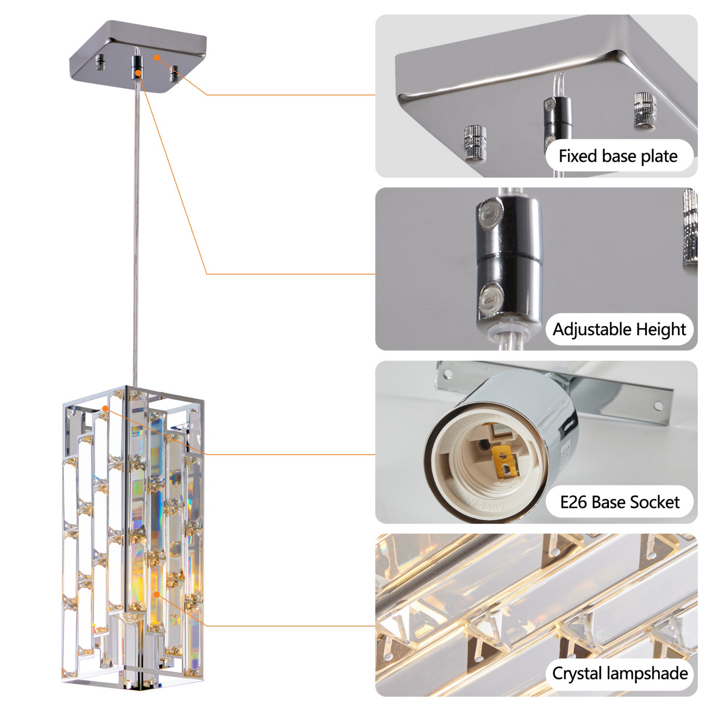 Modern Crystal Pendant Light - 3 Pack, Adjustable Hanging Ceiling Lamp with Crystal Prism Design for Dining Room, Kitchen Island, and Living Room -Chrome Finish