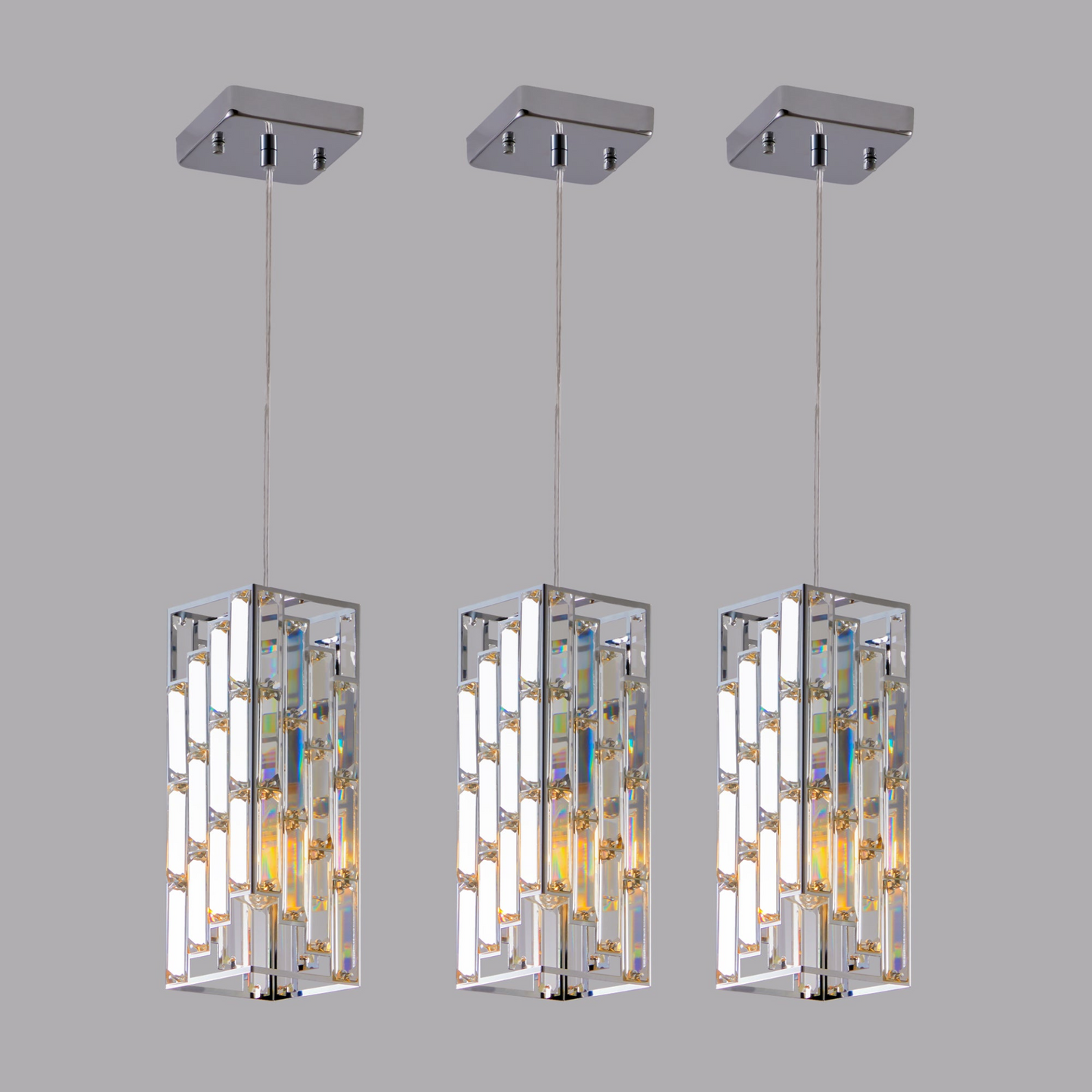 Modern Crystal Pendant Light - 3 Pack, Adjustable Hanging Ceiling Lamp with Crystal Prism Design for Dining Room, Kitchen Island, and Living Room -Chrome Finish