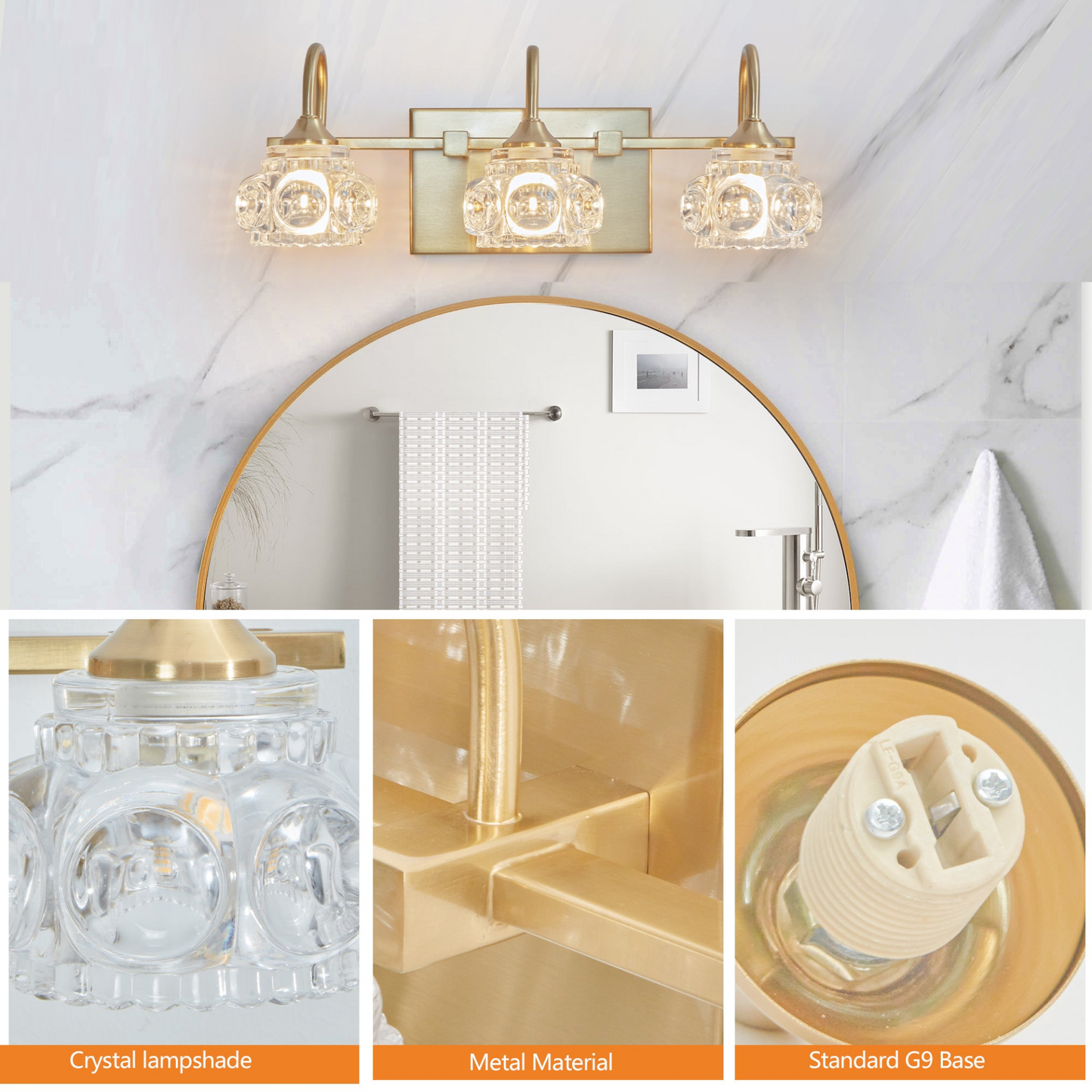 Modern Crystal Bathroom Vanity Light, 3-Light Golden Wall Sconce with Clear Glass Shade, Elegant Wall Mount Lighting for Bathroom, Powder Room, or Vanity Mirror (No Bulbs)