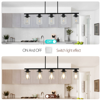 Modern Industrial 5-Light Chandelier with Clear Glass Shades, Matte Black Metal Frame Hanging Ceiling Light Fixture for Dining Room, Kitchen Island, Living Room (No Bulbs)