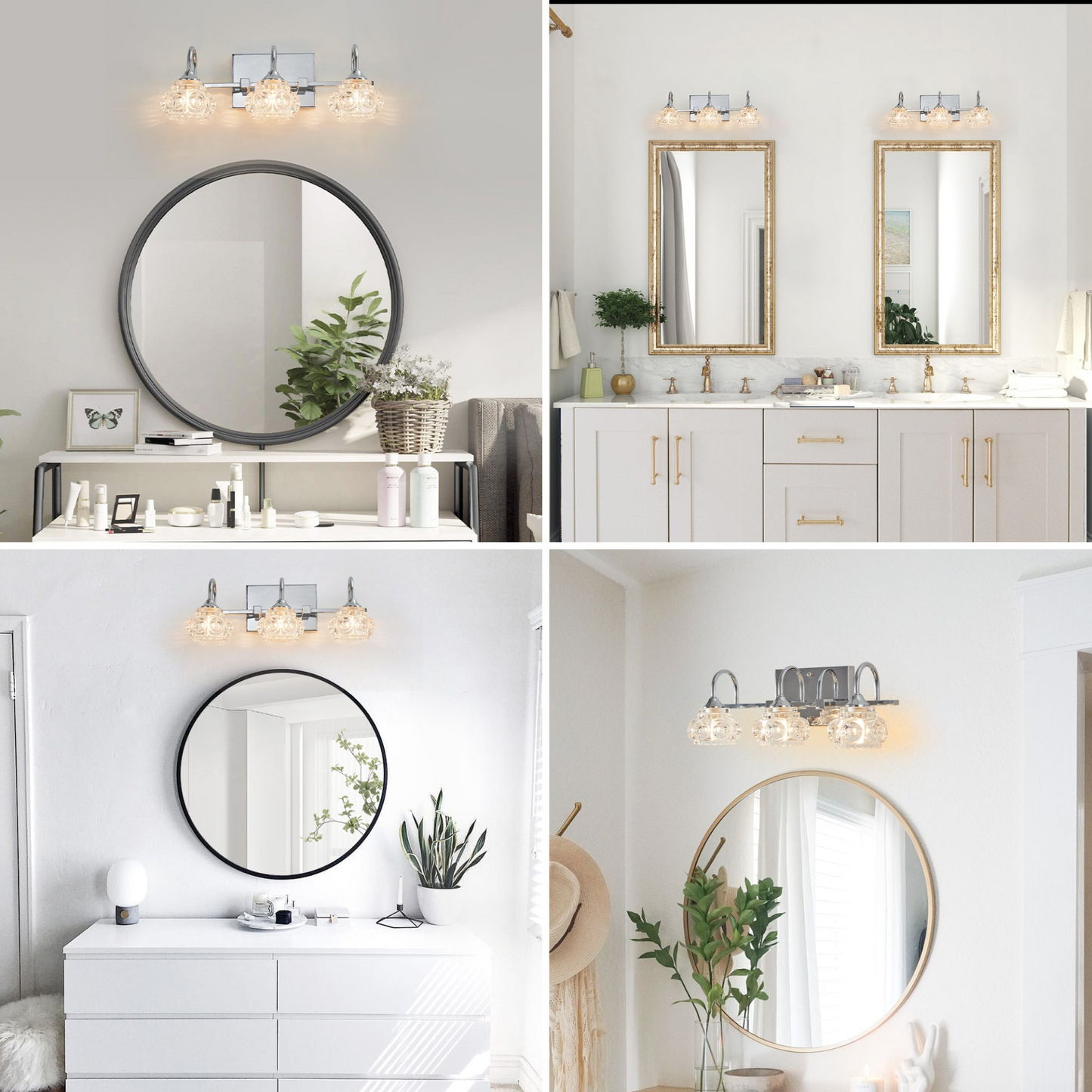 Brushed Nickel Finish Vintage Crystal Vanity Light - Elegant 3-Light Bathroom Mirror Fixture with Clear Glass Shades
