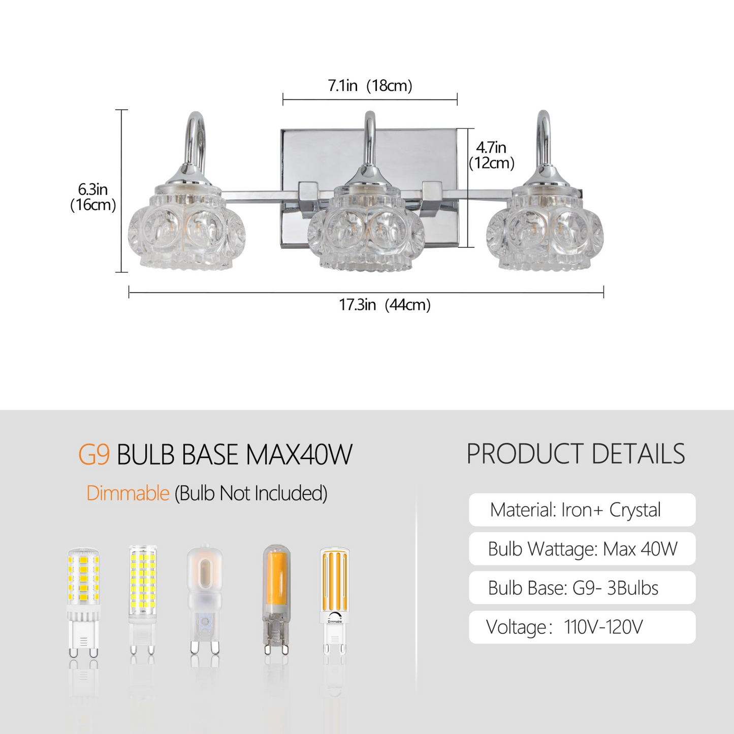 Brushed Nickel Finish Vintage Crystal Vanity Light - Elegant 3-Light Bathroom Mirror Fixture with Clear Glass Shades
