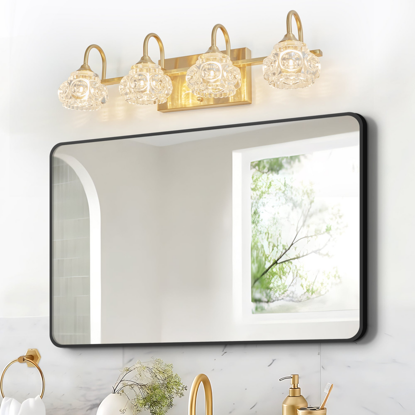 Modern Crystal Bathroom Vanity Light, 4-Light Golden Wall Sconce with Clear Glass Shade, Elegant Wall Mount Lighting for Bathroom, Powder Room, or Vanity Mirror (No Bulbs)