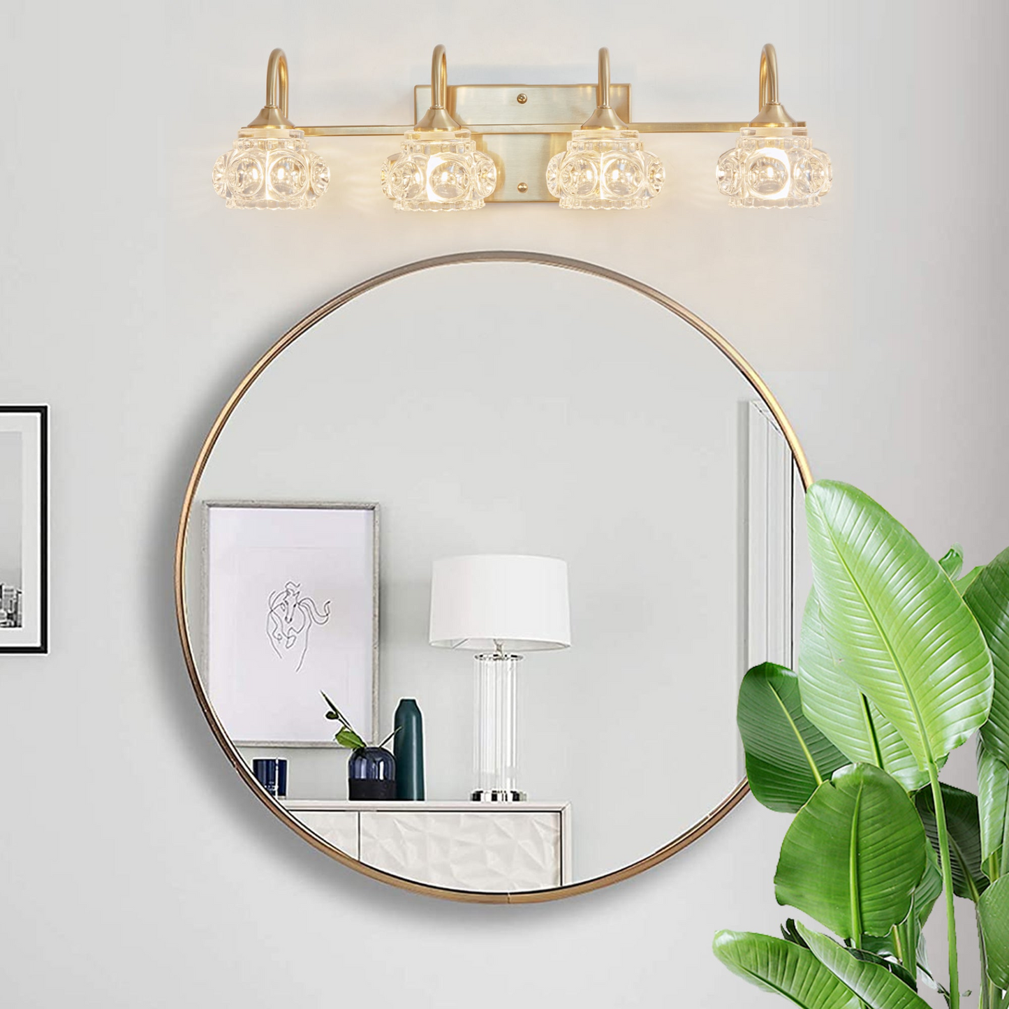 Modern Crystal Bathroom Vanity Light, 4-Light Golden Wall Sconce with Clear Glass Shade, Elegant Wall Mount Lighting for Bathroom, Powder Room, or Vanity Mirror (No Bulbs)