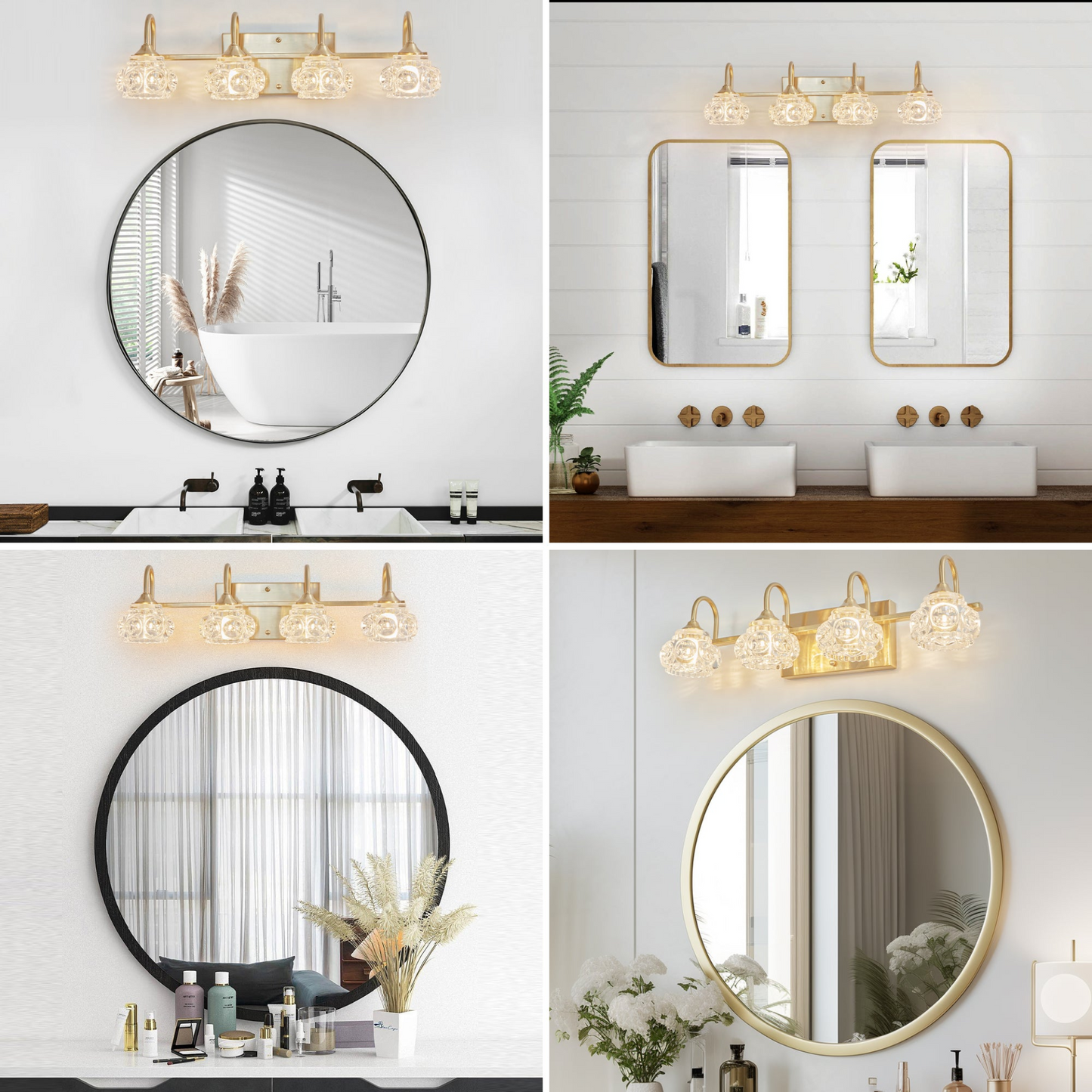 Modern Crystal Bathroom Vanity Light, 4-Light Golden Wall Sconce with Clear Glass Shade, Elegant Wall Mount Lighting for Bathroom, Powder Room, or Vanity Mirror (No Bulbs)