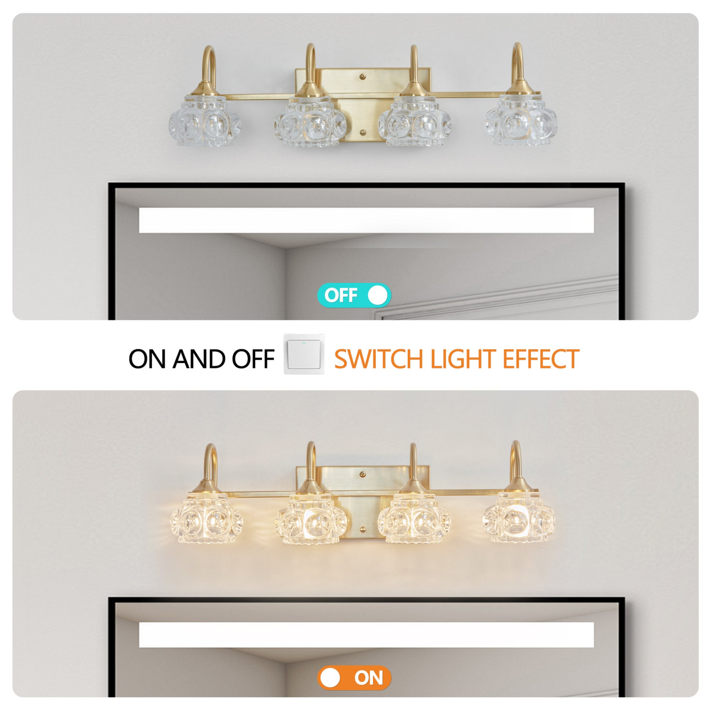 Modern Crystal Bathroom Vanity Light, 4-Light Golden Wall Sconce with Clear Glass Shade, Elegant Wall Mount Lighting for Bathroom, Powder Room, or Vanity Mirror (No Bulbs)