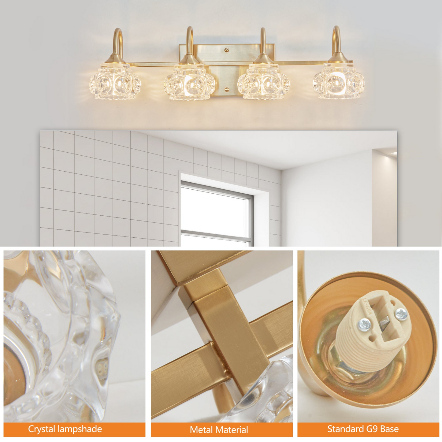 Modern Crystal Bathroom Vanity Light, 4-Light Golden Wall Sconce with Clear Glass Shade, Elegant Wall Mount Lighting for Bathroom, Powder Room, or Vanity Mirror (No Bulbs)