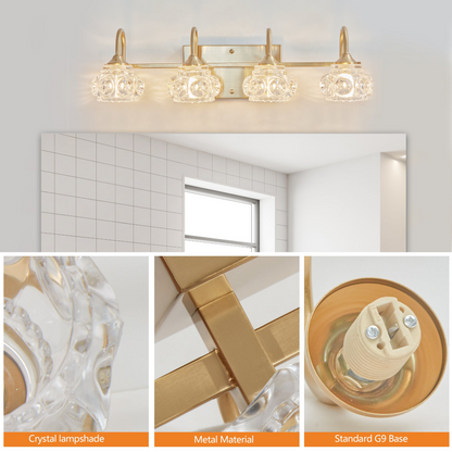 Modern Crystal Bathroom Vanity Light, 4-Light Golden Wall Sconce with Clear Glass Shade, Elegant Wall Mount Lighting for Bathroom, Powder Room, or Vanity Mirror (No Bulbs)