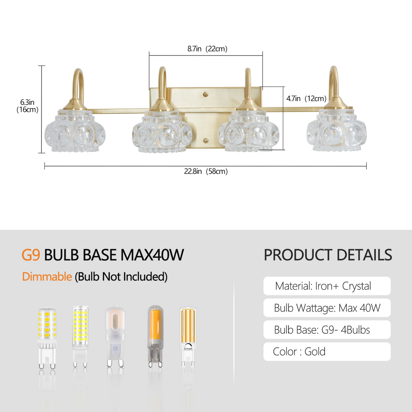 Modern Crystal Bathroom Vanity Light, 4-Light Golden Wall Sconce with Clear Glass Shade, Elegant Wall Mount Lighting for Bathroom, Powder Room, or Vanity Mirror (No Bulbs)