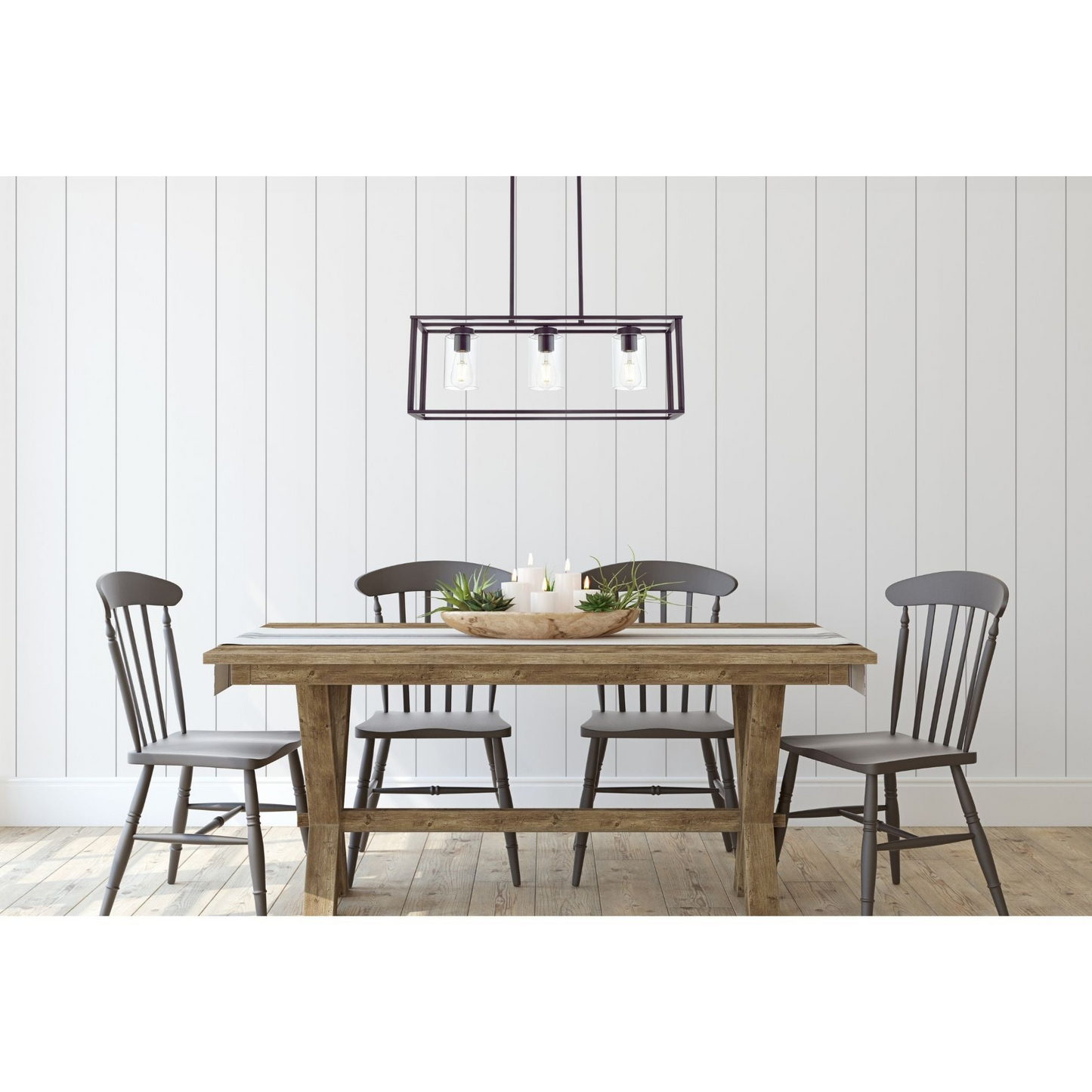 Contemporary Chandeliers Black 3 Light Modern Dining Room Lighting Fixtures Hanging, Kitchen Island Cage Linear Pendant Lights Farmhouse Flush Mount Ceiling Light with Glass Shade