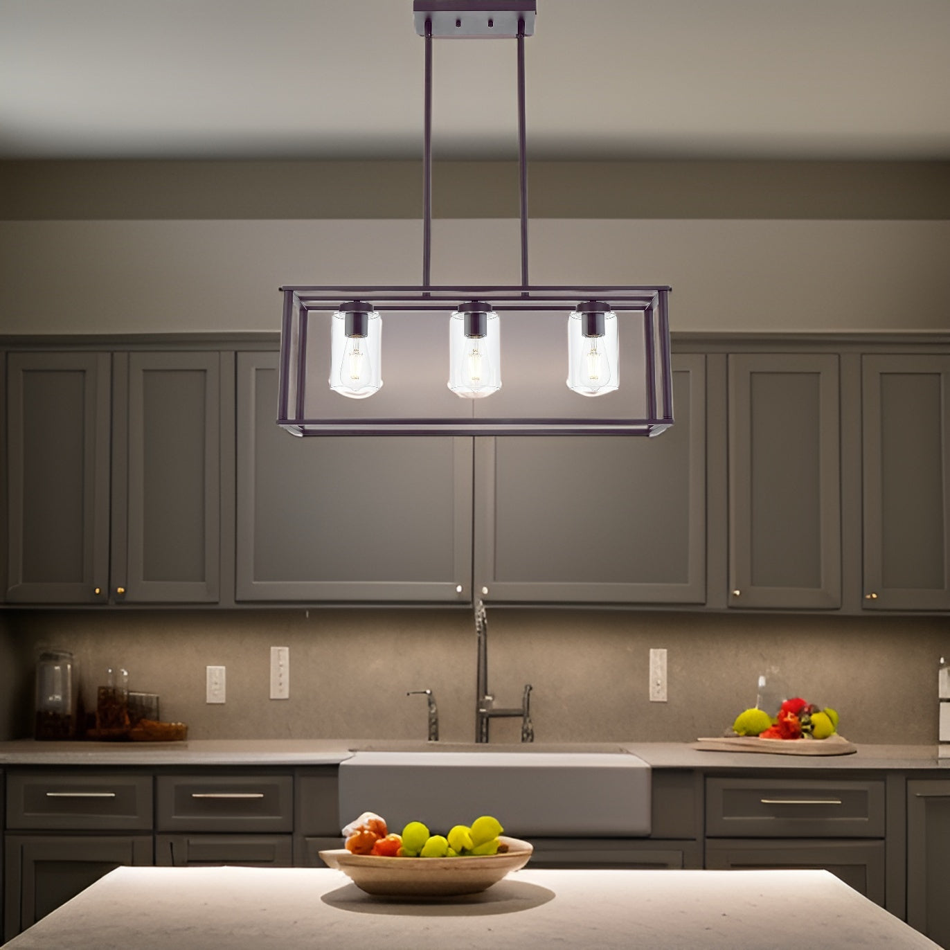 Contemporary Chandeliers Black 3 Light Modern Dining Room Lighting Fixtures Hanging, Kitchen Island Cage Linear Pendant Lights Farmhouse Flush Mount Ceiling Light with Glass Shade