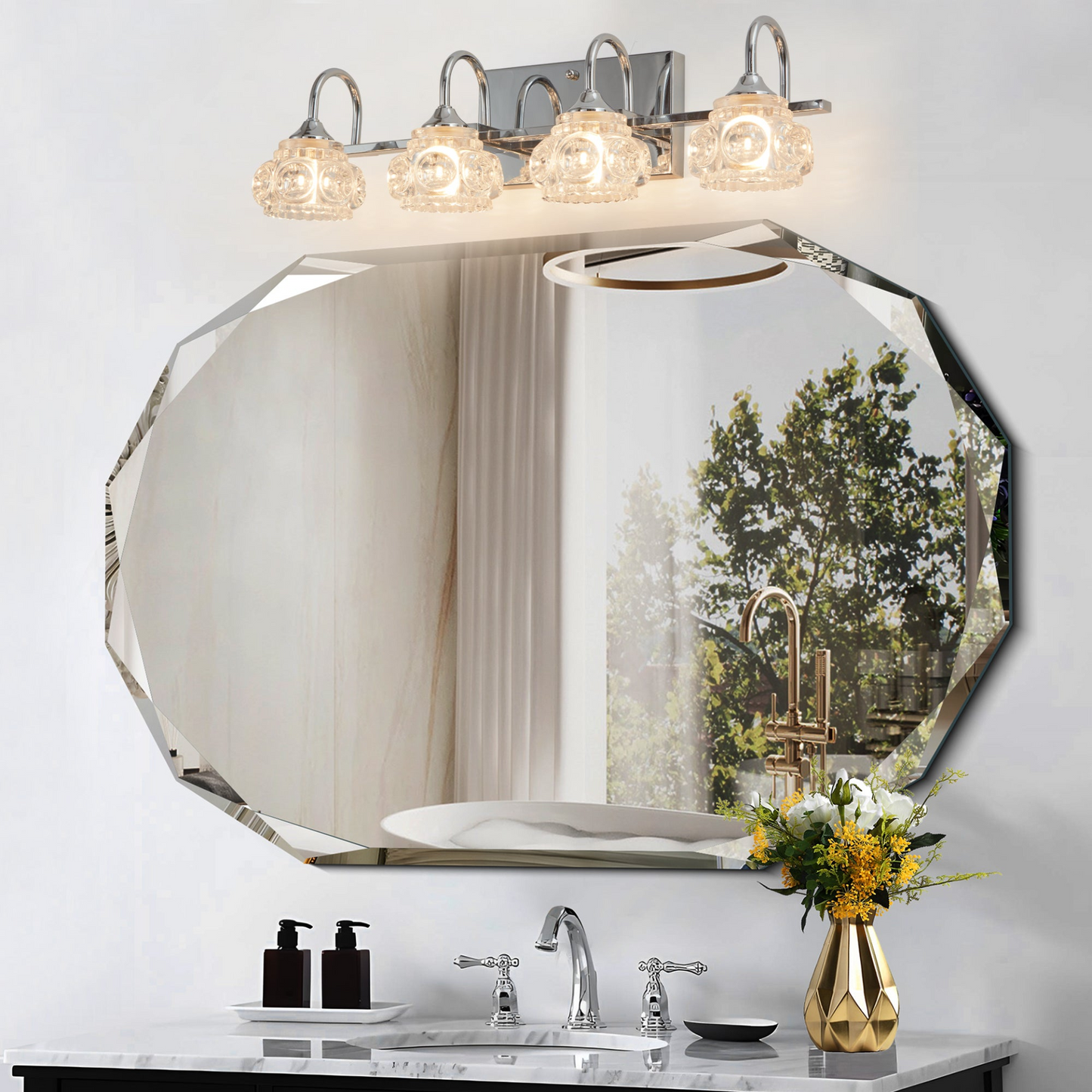 Brushed Nickel Finish Vintage Crystal Vanity Light - Elegant 4-Light Bathroom Mirror Fixture with Clear Glass Shades