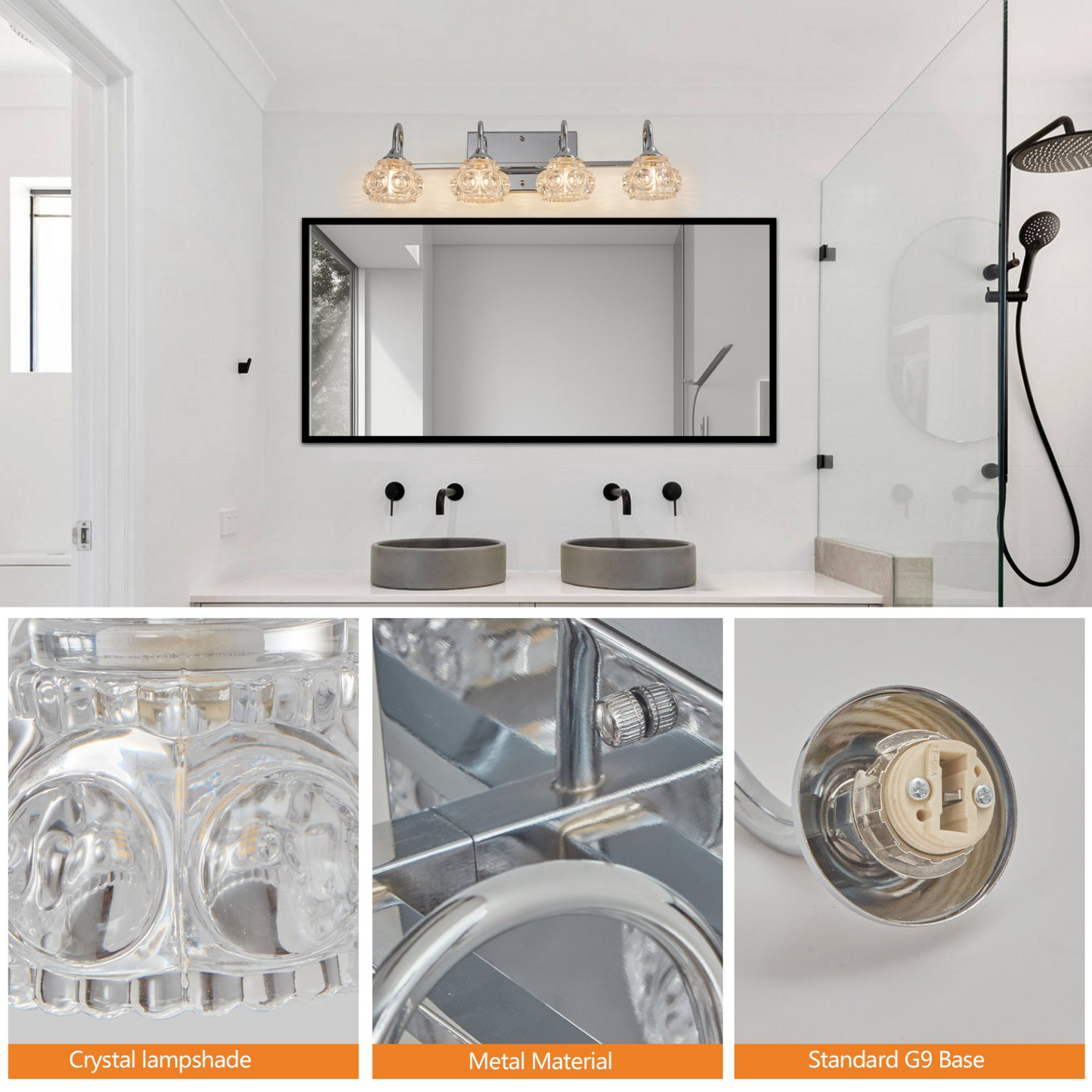 Brushed Nickel Finish Vintage Crystal Vanity Light - Elegant 4-Light Bathroom Mirror Fixture with Clear Glass Shades